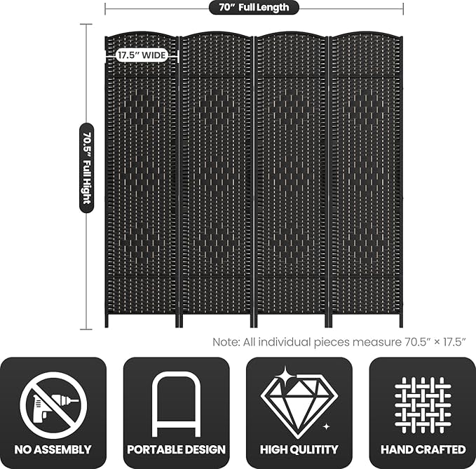 4 Panel Room Divider,6Ft Folding Privacy Screen,Tall - Extra Wide Foldable Panel Partition Wall Divider with Diamond Double-Weaved Hand-Woven Design Room Screen Divider