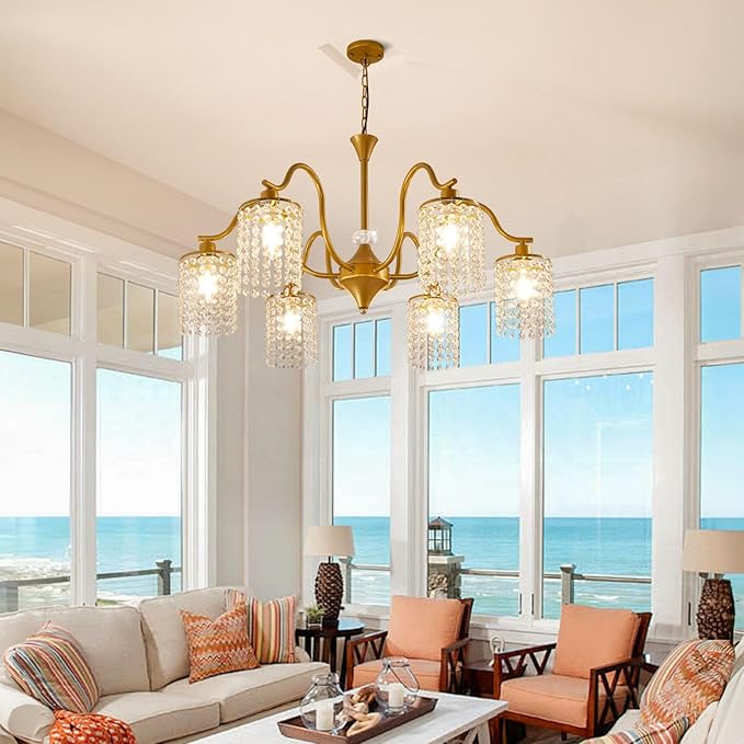 30" Gold Chandelier, 6-Light Dining Room Light Fixture, Modern Kitchen Island Light Fixtures, Farmhouse Foyer Lighting Fixtures, Hanging Crystal Chandeliers for Living Room, Bedroom, Foyer, Entryway