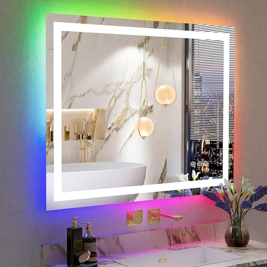 48x38 Inch RGB LED Bathroom Mirror Front Light and RGB Backlit Lighted Vanity Mirror for Bathroom Wall Mounted Dimmable Anti Fog Memory Shatter-Proof IP54 Waterproof Horizontal/Vertical