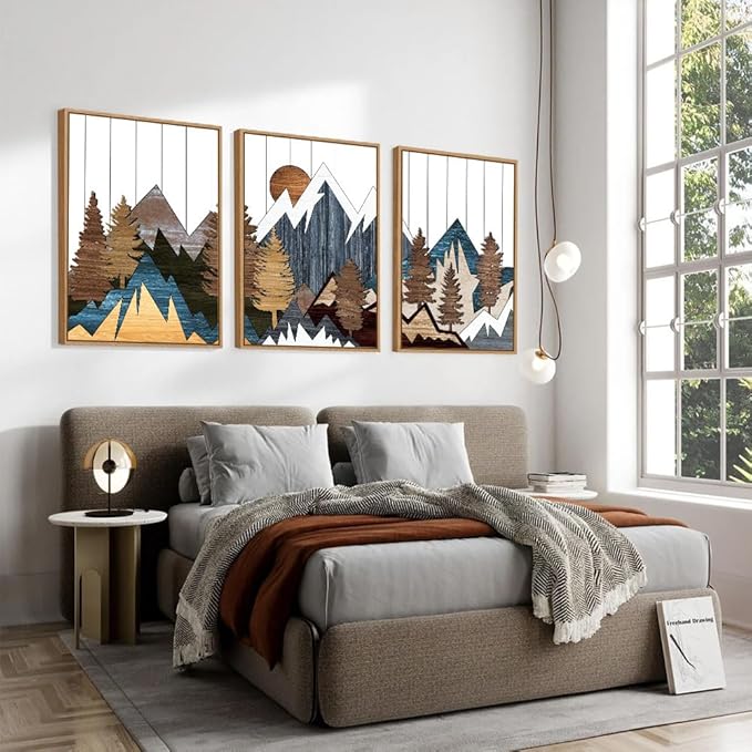 CHDITB Framed Canvas Mountain Wall Art Set, Country Woodcut Style Wall Decor, Forest Nature Wilderness Wall Painting, Modern Art Prints for Living Room, Bedroom, Farmhouse - Large Size 16"x24"x3