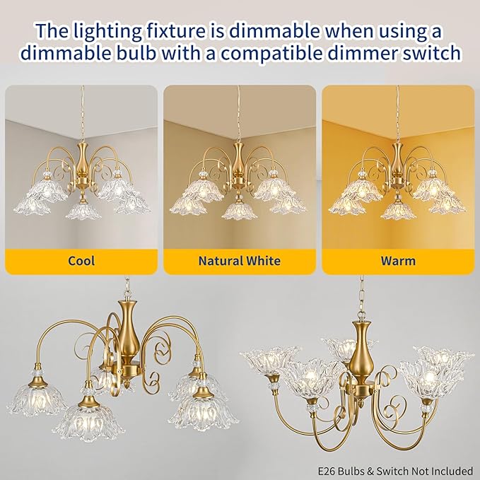 5-Light Vintage Chandeliers in Matte Brass Finish with Crystal Glass Shades, Retro Chandelier Light for Dining Room,Hallway,Kitchen