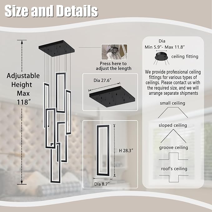 Modern Chandeliers, Black Chandelier with 6 Ring Led Foyer Chandeliers,Larger High Ceiling Chandelier for Living Room,Square Chandeliers for Entryway Staircase LED Dimming 2700k-6000k