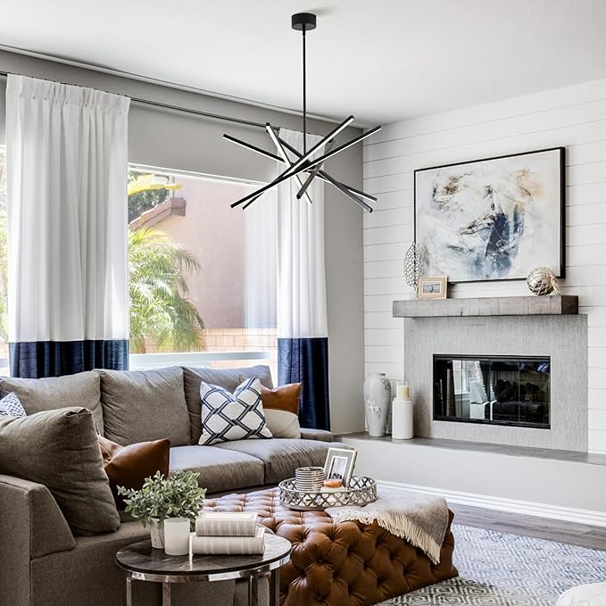 Modern Black Chandelier Light Fixtures - LED 6-Lights Dining Room Linear Chandeliers Sputnik Pendant Lights Fixture Over Table 3000K 4500K 6000K Dimmable for Kitchen Island Living Room