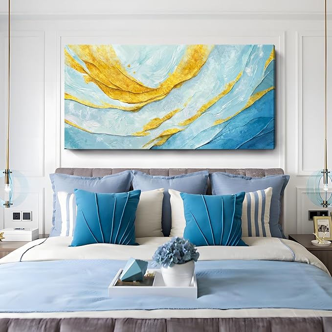 Nicetop Extra Large Abstract Canvas Wall Art for Living Room – Oversized Blue and Yellow Art Print Modern Horizontal Contemporary Artwork Coastal Wall Picture Bedroom Home Office Decor 58x29 Inch