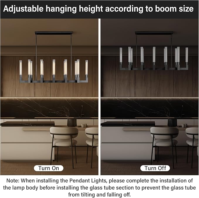 Black 12-Lights Modern Chandelier with Glass Tube, 54in Chandeliers Rectangular Luxurious Large Chandelier Fixture Ceiling Pendant Lighting for Dining Living Room, Foyer