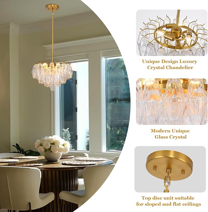 Modern Crystal Chandelier, 17'' Gold Chandeliers for Dining Room, Round Glass Crystal Brass Tiered Pendant Light Chandelier for Living Room, 3-Tier Luxury Chandeliers, Kitchen Island Light Fixture