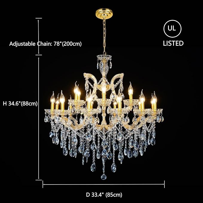 Large High Ceiling Designer Chandelier Modern Maria Theresa Crystals Gold Chandeliers Luxurious Pendant Hanging Lamp for Foyer, Dining Room, Staircase, Lobby, Living Room, 18 Lights, 2 Layers