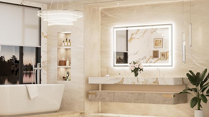 Keonjinn 60 x 36 Inch Brushed Nickel Bathroom LED Mirror with Frontlit & Backlit, Large LED Vanity Mirror, HD Tempered Glass, Beveled Framed, 3000K/4500K/6000K, Dimmable, Defogging, Shatter-Proof