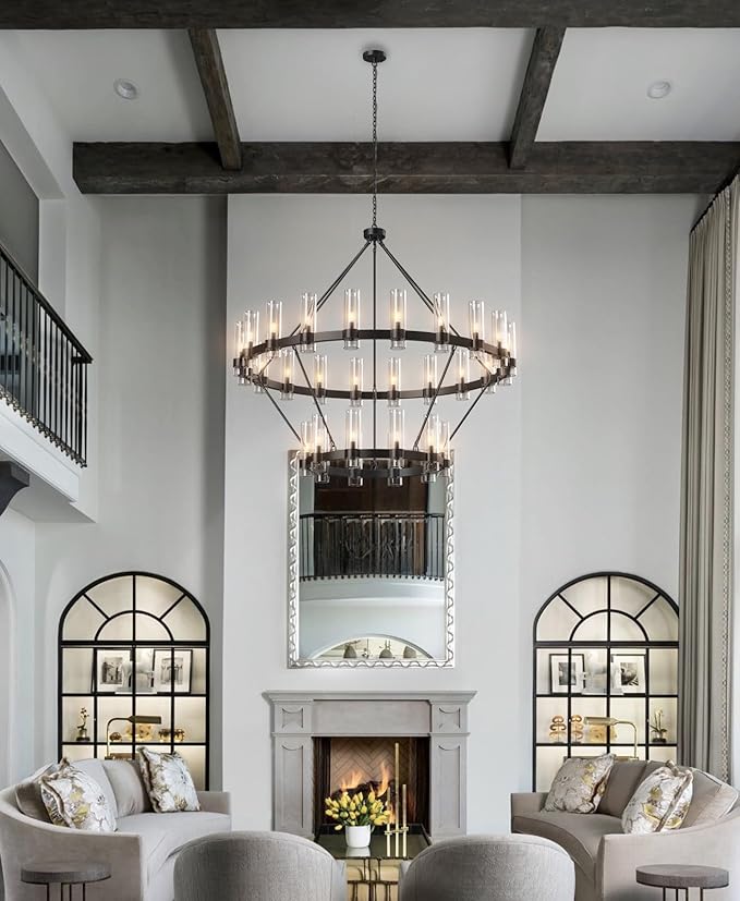 Large Black Chandelier, 30 Light Wagon Wheel Chandelier with Glass Shade,60 Inch Round Industrial High Ceilings Pendant Lighting Fixture for Dining Living Room, Kitchen Island, Foyer