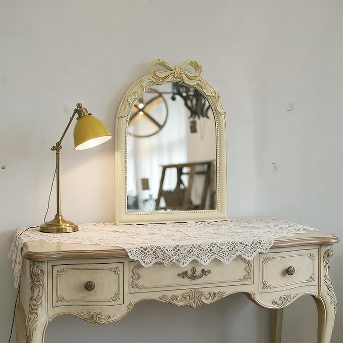 Light Luxury Girly Bowknot Vanity Mirror, French Vintage Bathroom Mirror for Over Sink/Wall, Decorative Espejos para Baños for Bedroom & Bath (Bow-Yellow Gold, 15" L x 22" W)