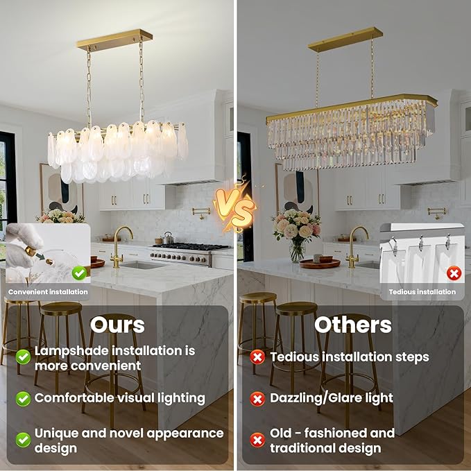 Modern Glass Chandelier 8-Light Rectangle Gold Brass Chandelier Luxury Oval 2-Tiers Crystal Cloud Glass Pendant Ceiling Light for Dining Room Living Room Kitchen Island L31.5'' (E12)