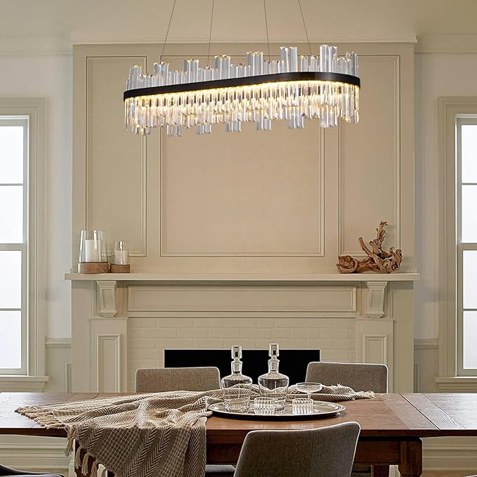 Modern Rectangular Crystal Led Chandelier: 39.3" Black Linear Large Clear Crystals Chandeliers - Luxury Rectangle Contemporary Ceiling Chandelier - Decorated Long Chandeliers for Living Room Bedroom