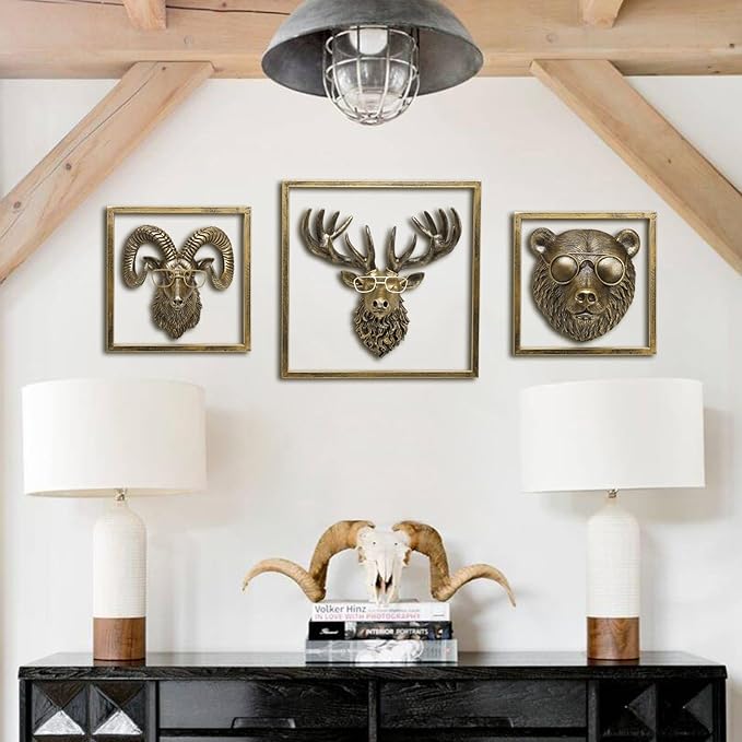 JJALIGHTS Animal Heads Wall Decor (Includes Metal Frame) Resin Animals Sculptures Head Wall Hanging Decoration Imitation Copper vintage Wall Sculpture for Living Room Bedroom Office (Bear)