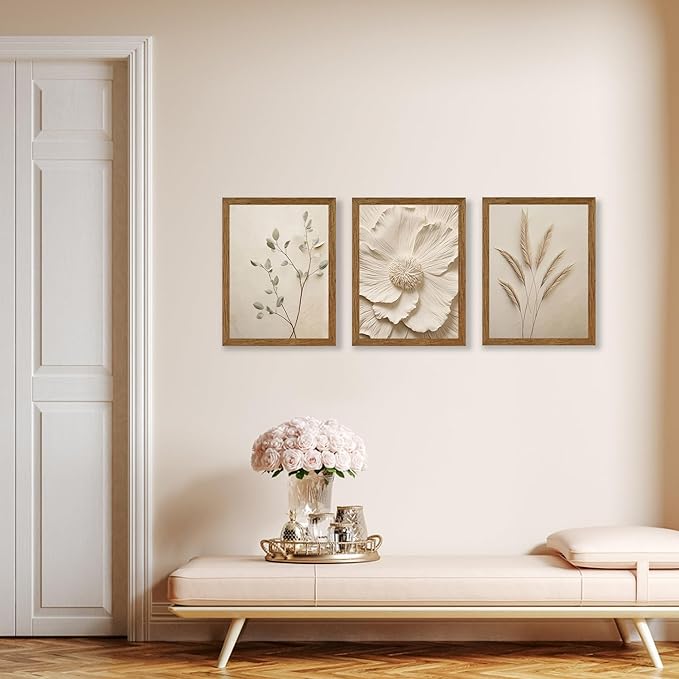 JLTULT 3 Piece Framed Neutral Beige Floral Canvas Wall Art, Modern Simple Texture Blossom Wall Decor, Vintage Botanical Flower Art Prints for Living Room Bedroom Farmhouse 12x16 inch Ready to Hang