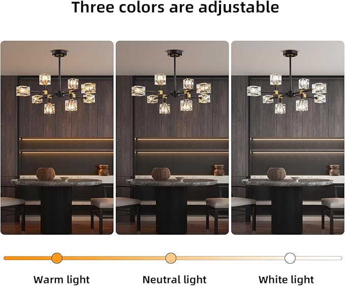 Black Sputnik Chandelier,Crystal Chandeliers with 8-Lights,Modern Semi Flush Mount Ceiling Light Fixture with Adjustable Height,Pendant Light Fixture for dining room,kitchen island,bedroom,living room