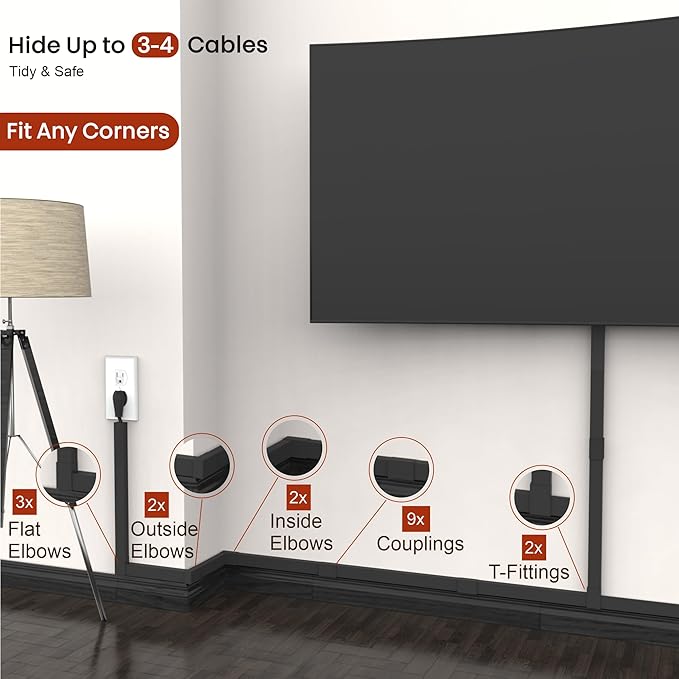 Black Cord Cover Wire Hider - 157in Large Cable Concealer, Cord Hider for Wall Mount TV, Cable Raceway Kit, Extension Cord Cover Indoor, Electrical Wire Cover, Cable Management Wall, Wire Molding