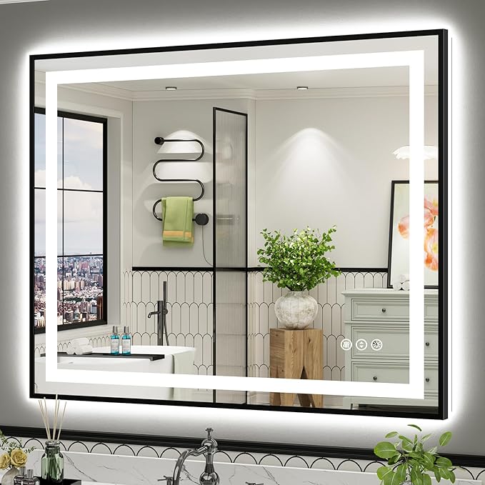 48x40 Inch LED Bathroom Mirror with Black Frame, Backlit & Front Lit, Anti-Fog Lighted Bathroom Vanity Mirror for Wall, Memory Function, Dimmable, HD Tempered Glass, Shatter-Proof