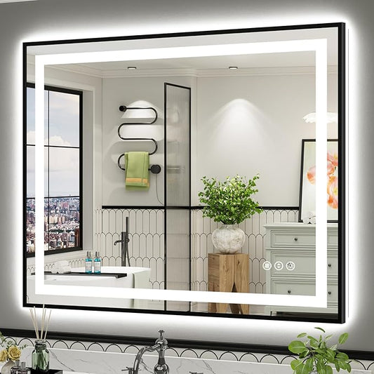 48x40 Inch LED Bathroom Mirror with Black Frame, Backlit & Front Lit, Anti-Fog Lighted Bathroom Vanity Mirror for Wall, Memory Function, Dimmable, HD Tempered Glass, Shatter-Proof
