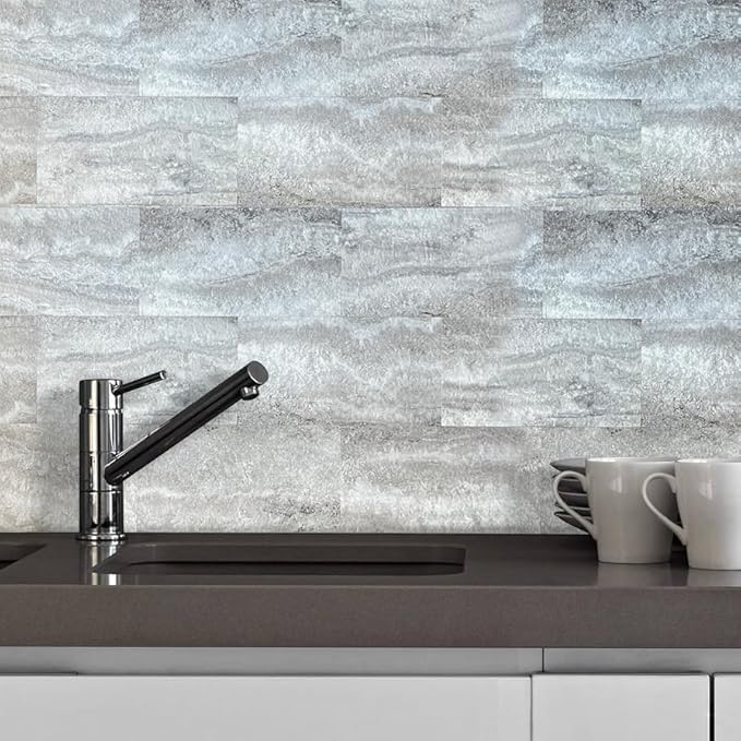 AULIGET 20-Piece Peel and Stick Backsplash Wall Tiles, 6" x 12" PVC Warm Grey Faux Stone Stick on Tiles for Backsplash Kitchen, Bathroom, Laundry Room, Camper, Fireplace
