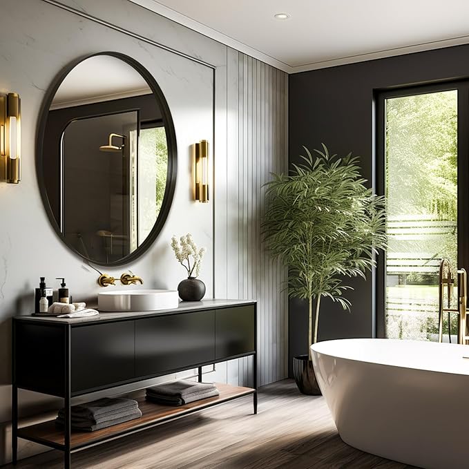 32 Inch Round Bathroom Mirror - Wall Mounted Circle Mirror with Metal Frame, Modern Home Suitable for Bathroom, Vanity, Entryway, Living Room, Wall Decor,Black