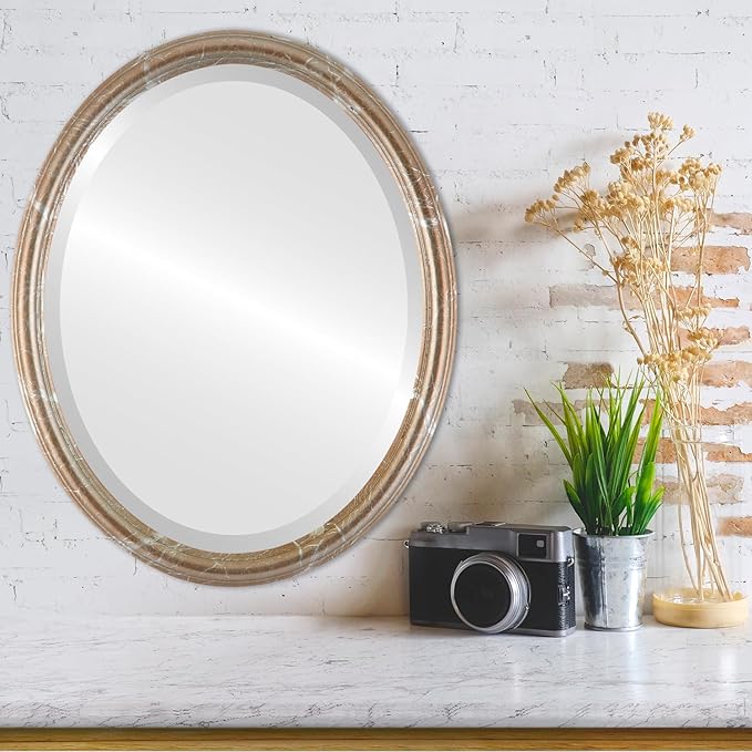 Oval Beveled Wall Mirror for Home Decor - Saratoga Style - Champagne Silver - 22x26 Outside Dimensions
