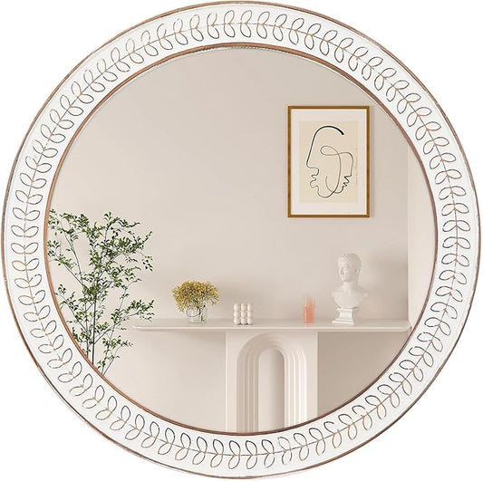 24 inch Round Rustic Wooden Mirrors, Distressed Circle Mirror for Bathroom, Bedroom, Living Room, Entryway, Fireplace, Hall