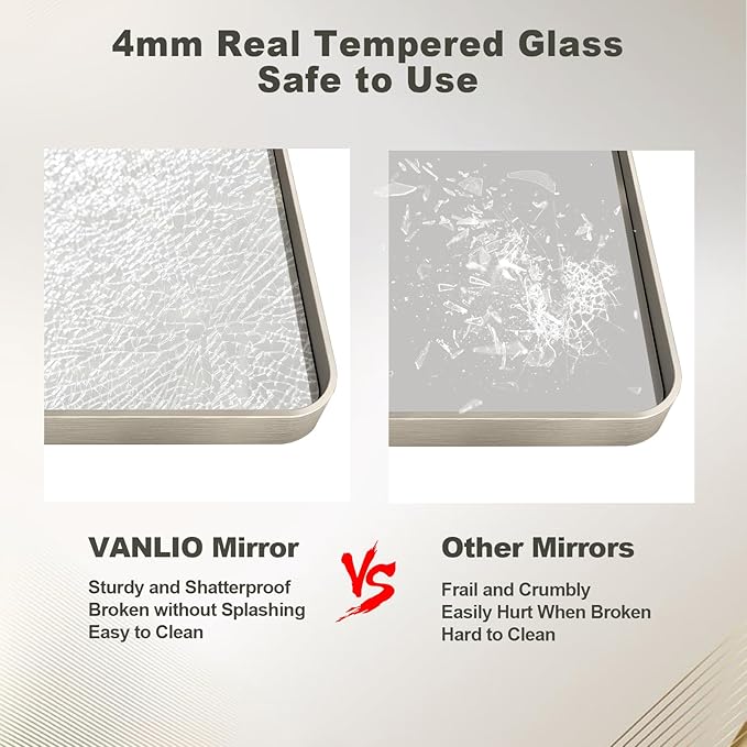 24x32 Inch Brushed Nickel Bathroom Mirror, Brushed Silver Metal Framed Wall Mirror, Rounded Corner Rectangle Modern Vanity Mirror, Tempered Glass, Anti-Rust, Shatterproof (Horizontal/Vertical)