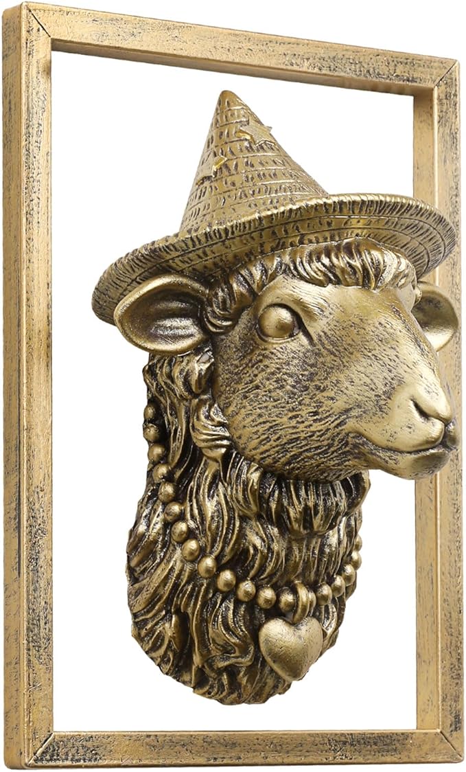 Animal Heads Wall Decor (Includes Metal Frame) Resin Animals Sculptures Head Wall Hanging Decoration Gold vintage Wall Sculpture for Living Room Bedroom Office(Sheep)