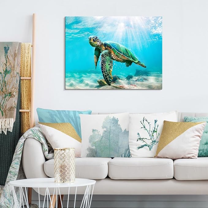 JAPO ART Green Sea Turtle Wall Art Submarine Picture Blue Ocean Animal Painting Coastal Wall Decor Framed Ready to Hang for Bathroom Livingroom 24x36Inch