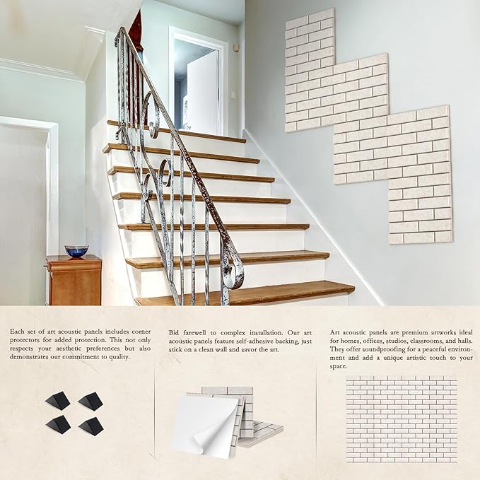 12Pack Acoustic Panels, Self-Adhesive 3D Brick Pattern Sound Proof Panels for Walls, Decorative Sound Dampening Wall Panels for Recording Studios, Offices, Home, 12"×12"×0.4", Camel