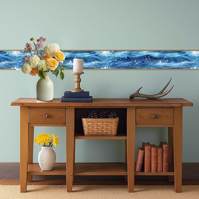 Blue Galaxy Wallpaper Border 196x4 Inch Peel and Stick Wall Border Self Adhesive Cosmic Starry Sky Removable Vinyl Trim for Living Room Bedroom Bathroom Kitchen Cabinet Decoration