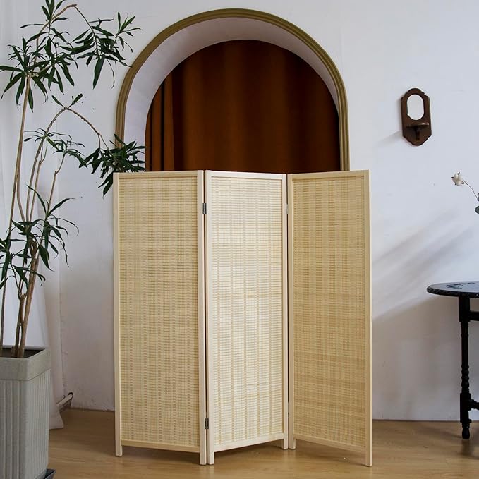 3 Panel Short Panel Divider Screen,3.95 FT Tall Bamboo Room Divider Folding Privacy Screen,Short Panel Divider Freestanding Room Divider for Room Seperation,Beige