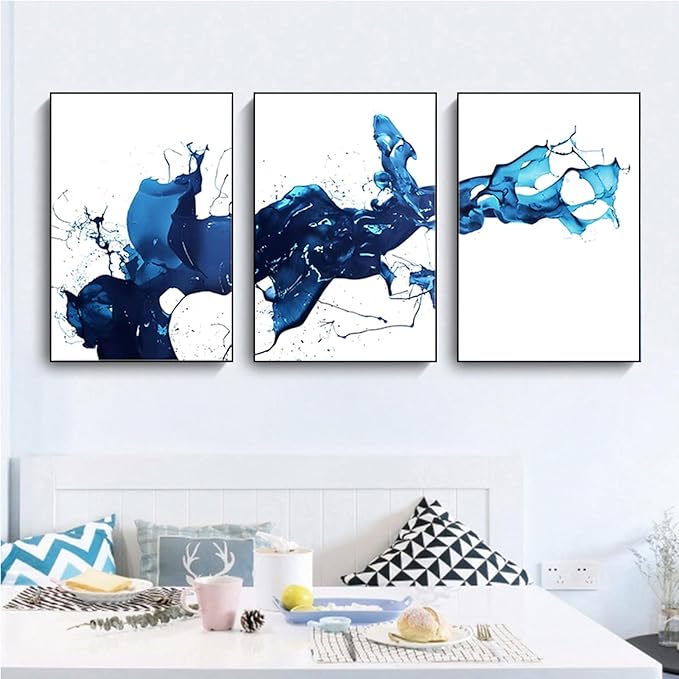 ARTFEB Modern Black Framed Wall Art, 3 Pieces Abstract Blue and White Painting Wall Art for Living Room Decor,Canvas Print Artwork Set for Bedroom Office Bathroom Decor,24"x32"x3piece
