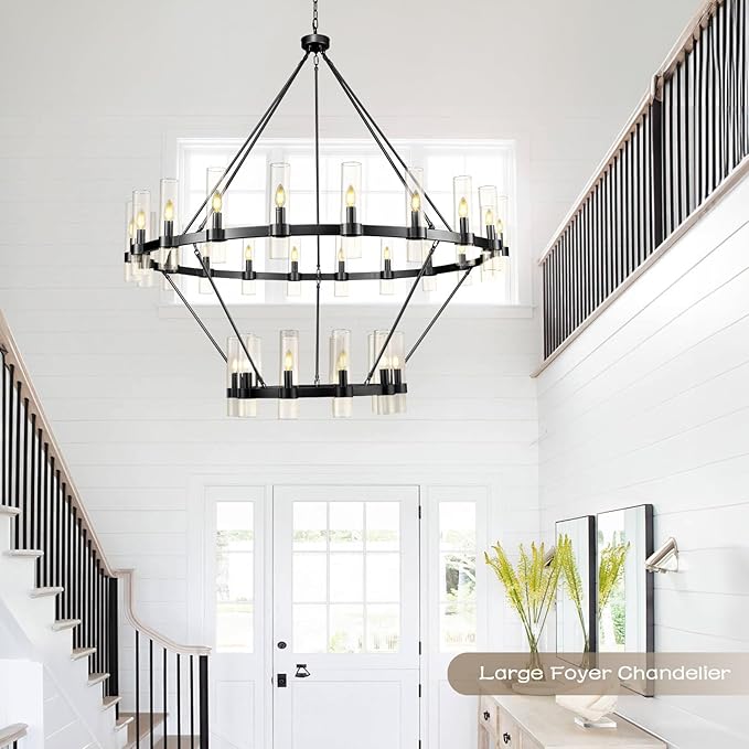 Black Wagon Wheel Chandelier 2 Tier, 60 Inch Chandeliers with Glass Shade, 30-Light Large Chandelier for High Ceiling, Modern Farmhouse Chandeliers for Living Room, Dining Room, Entryway and Staircase