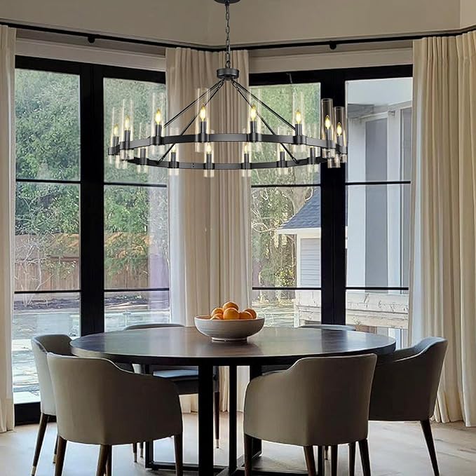 Black Wagon Wheel Chandelier, 48" Modern Chandeliers with Glass Shade, 16-Light Large Chandelier for High Ceiling, Farmhouse Chandeliers for Dining Room, Living Room, Foyer, Stairway(Bulbs Included)