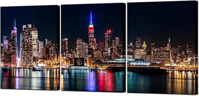 Biuteawal New York City Canvas Wall Art Manhattan Skyline Night View Picture Painting Modern Giclee Canvas Prints Home Office Living Room Wall Decoration