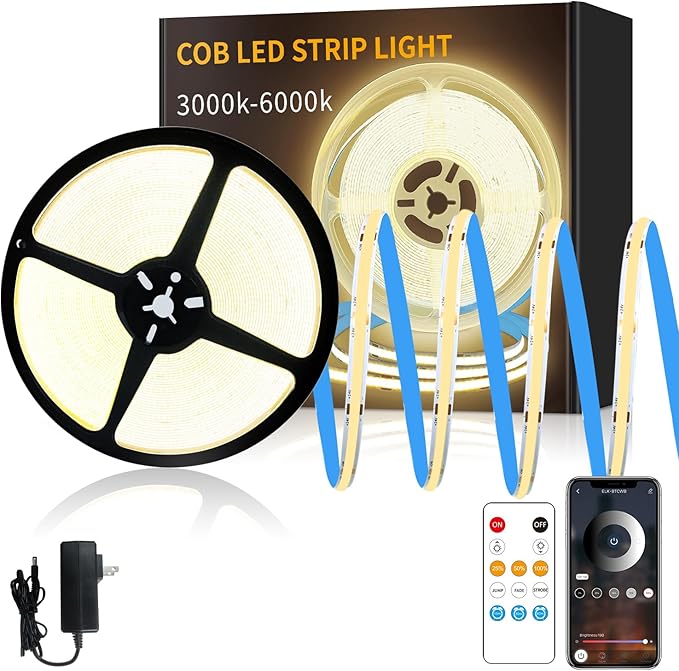 50 FT COB LED Strip Lights 3000K Warm White Dimmable DC 24V Flexible LED Tape Light for Bedroom, with Remote and app Control LED Light Strip,for DIY Home Decoration