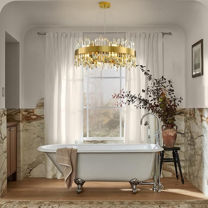 Modern Crystal Chandelier, 24in K9 Crystal Chandeliers for Dining Room, 12 Lights 2 Tier Dimmable Round Gold Chandelier, Adjustable Modern Chandeliers for Living Room, Bedroom, Bathroom, Kitchen Foyer