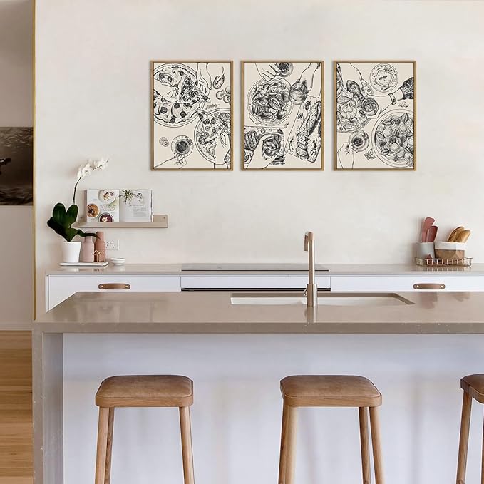 BINCUE Food Wood Wall Art Modern Cheers Kitchen Wall Decor Abstract Friends Party Artwork for Kitchen Dining Room Living Room 12" Lx16 W Set of 3