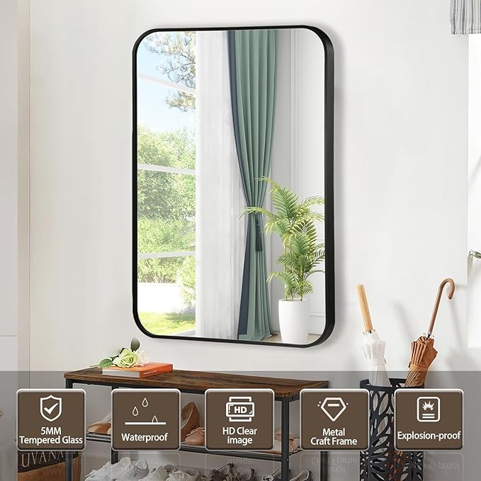Black Bathroom Mirror, 48x30 Inch Matte Black Mirror, Aluminum Alloy Framed Vanity Mirror, Rounded Rectangle Bathroom Mirror for Over Sink, Anti-Rust Wall Mirror (Horizontally or Vertically)