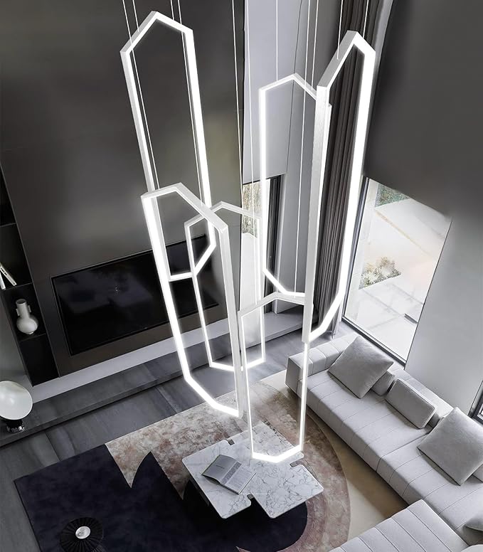 6 Rings Sliver Modern Large Chandelier Dimmable LED High Ceiling Chandelier for Living Room Foyer Modern Hanging Ceiling Light