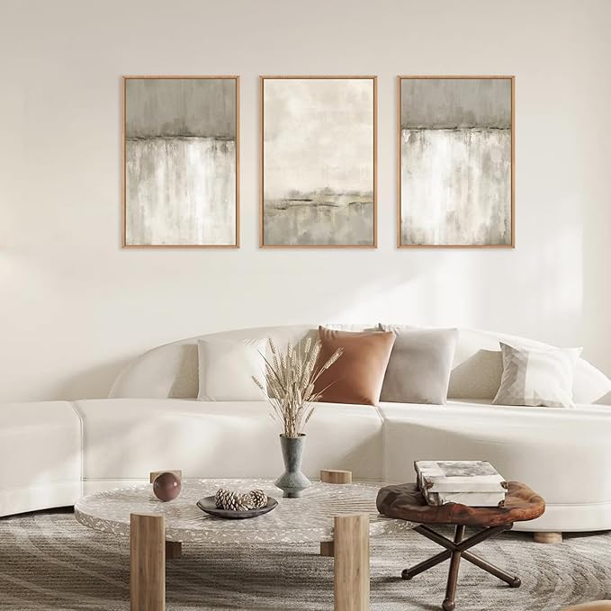 KAIRNE Large Neutral Gray Tan Framed Canvas Wall Art Set, Abstract Textured Wall Decor, Beige Minimalist Wall Pinting, Modern Illustrations Art Print for Living Room, Bedroom, Office -24"x36"x3