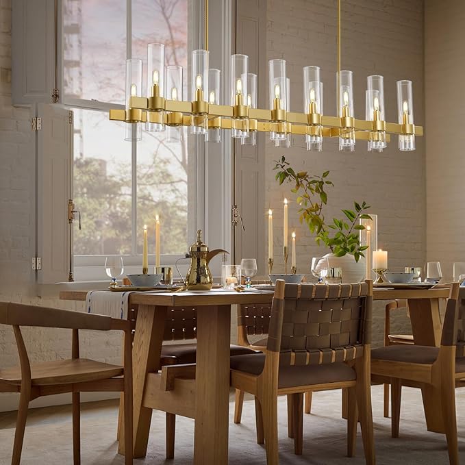 Modern Gold Linear Chandelier for Dining Room, 54'' Rectangular Dining Chandeliers Over Dining Table 16 Light, Linear Chandelier Lighting Fixture with Glass over Kitchen Island, Includes Bulbs