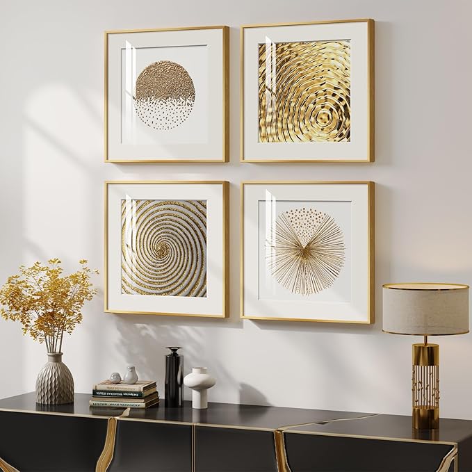4 Pcs Framed Modern Canvas Wall Art, Gold and White Minimalist Pictures Prints, Luxury Geometric Painting Artwork Home Decoration for Hallway, Bathroom, Dining Room and Living Room