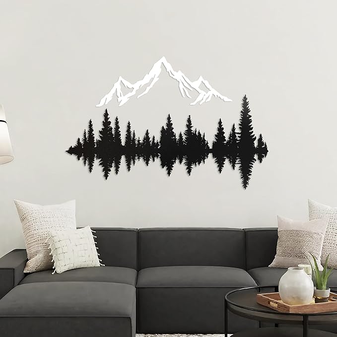 Metal Mountain Wall Art 24" x 20", Mountain Wall Decor, Art Wall Hangings for Living Room, Bedroom, Black and White, 24 Inch Long