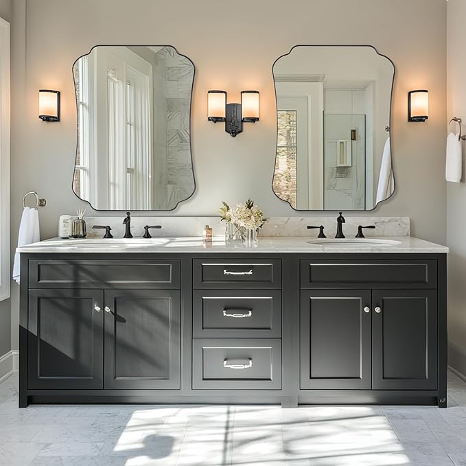 ANDY STAR 30x40 Inch Black Bathroom Mirror, Scalloped Wave-Edge Wall Mirror for Bathroom Vanity, Decorative Modern Vintage Metal Frame Mirror for Living Room, Entryway, Bedroom