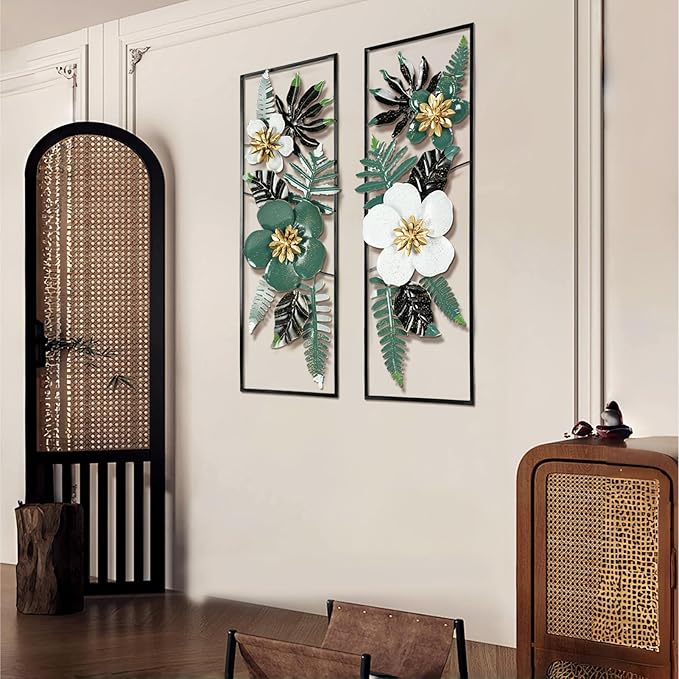 Metal 3D Wall Art Decor 2 Pcs 34" x 15" Wall Decor Handmade Green Leaf Flower Hanging Home Decor with Frame Wall Sculptures Modern for Living Room, Bedroom, Dining Room, Office and Hotel Large