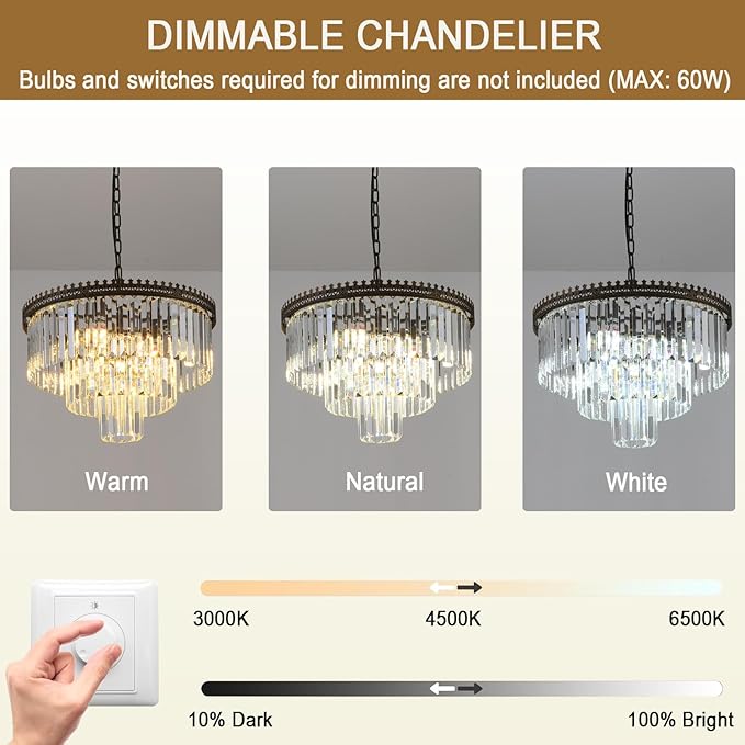 6-Light Crystal Chandelier, 3-Tier Modern Chandelier for Dining Room, Farmhouse Round Crystal Hanging Light Fixture for Foyer Living Room Entryway Bedroom