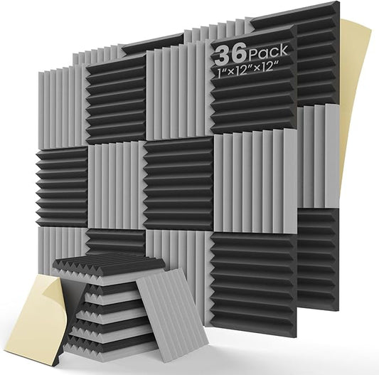 Acoustic Panels Self-Adhesive Upgrade,1" X 12" X 12" Quick-Recovery Sound Proof Foam Panels for Walls,Acoustic Foam Panels 35kg/m³High Density,Soundproof Wall Panels for Wall Decor(Black-Gray)