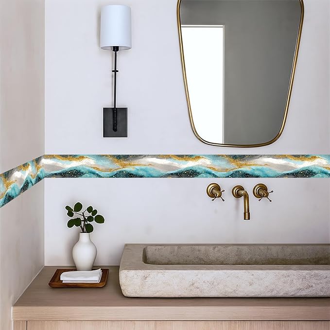 Blue Gold Marble Wallpaper Border 196x4 Inch Peel and Stick Wall Border Self Adhesive Luxury Water Wave Removable Vinyl Trim for Living Room Bedroom Bathroom Kitchen Cabinet Decoration